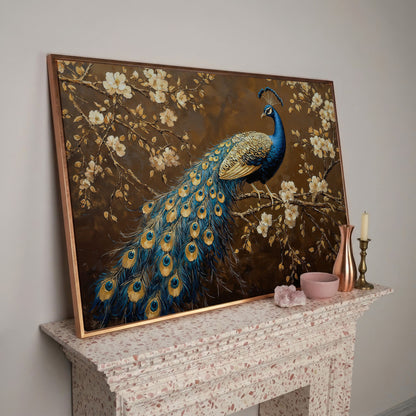 Peacock on Cherry Blossom Branch Canvas in rose gold floating frame