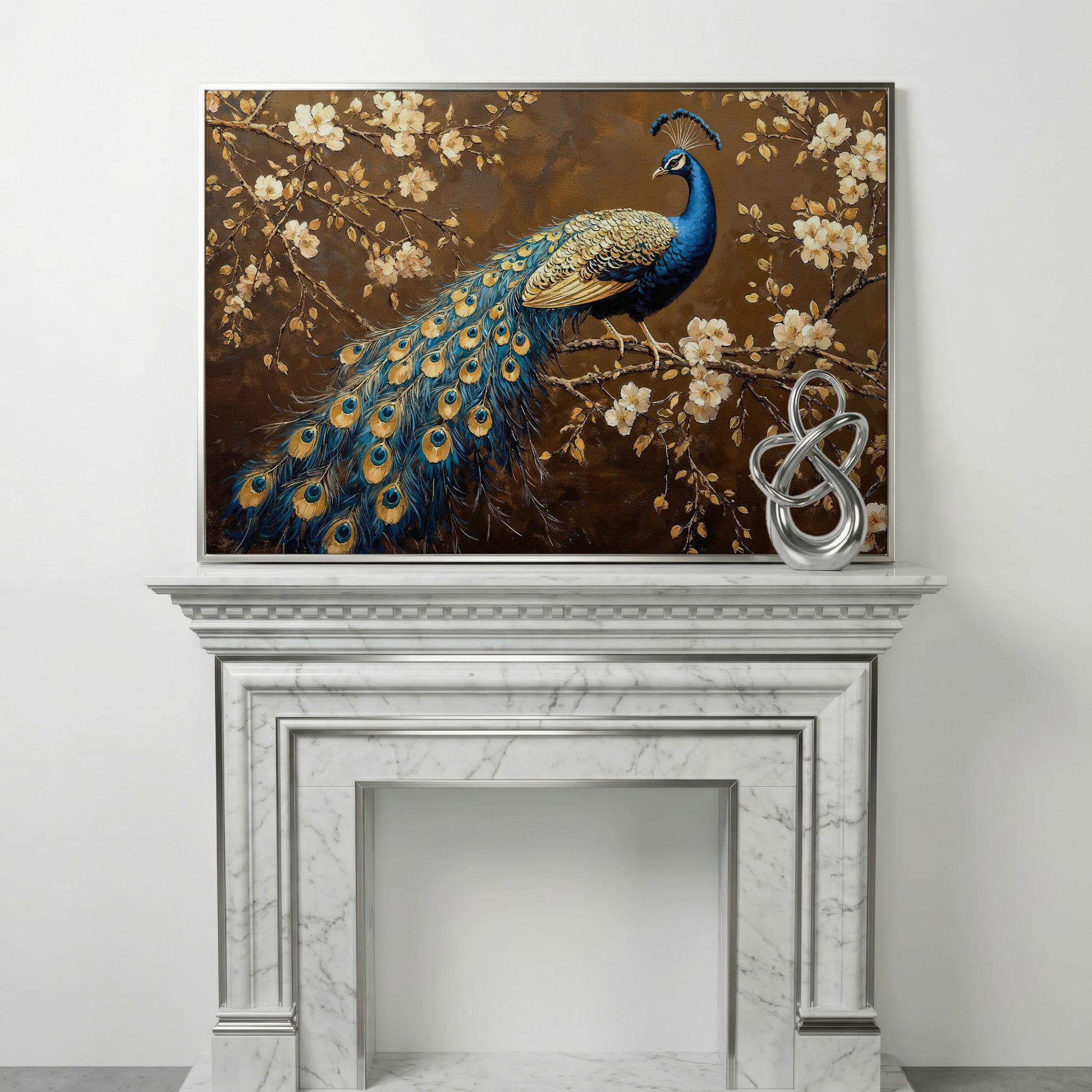Peacock on Cherry Blossom Branch Canvas in silver floating frame