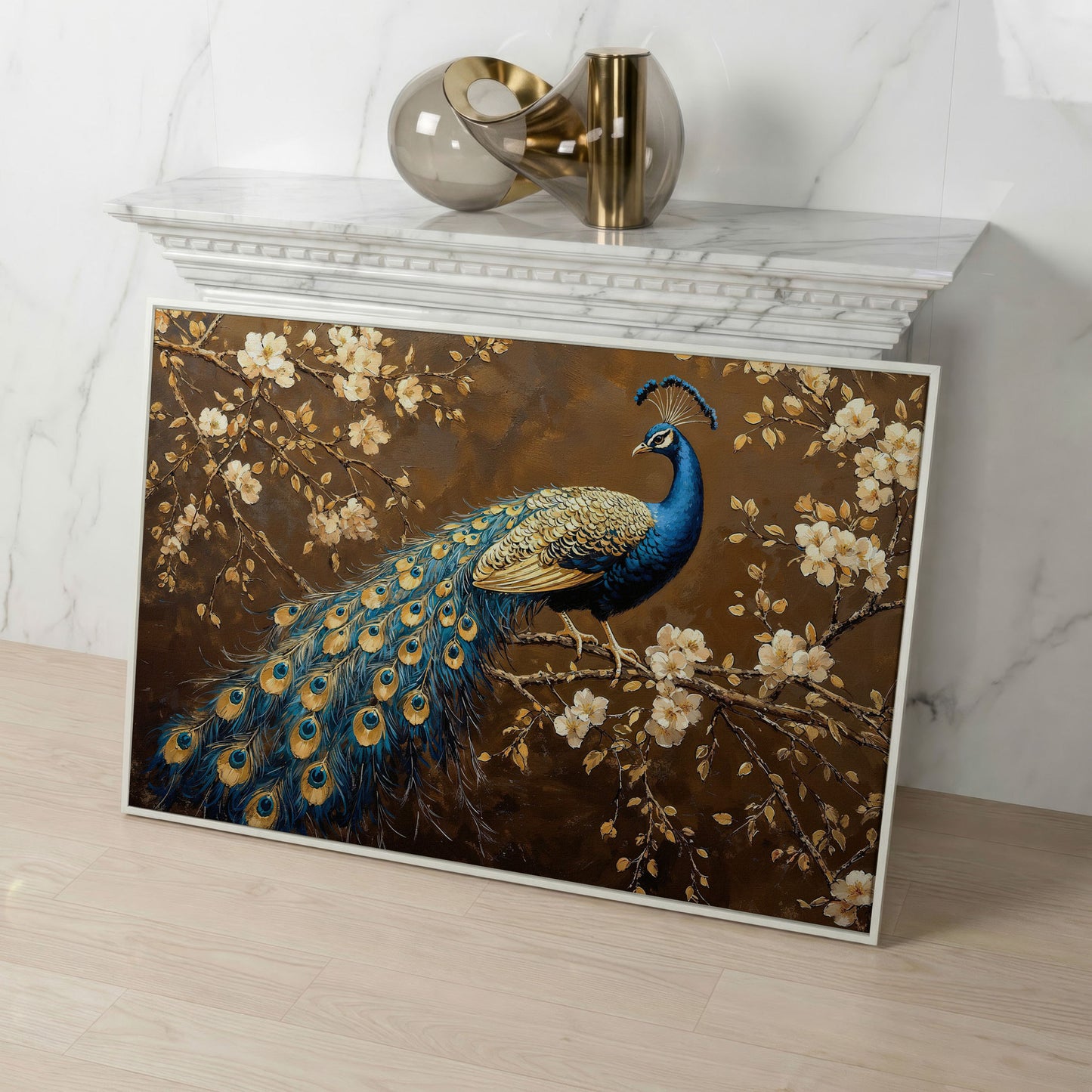 Peacock on Cherry Blossom Branch Canvas in white floating frame