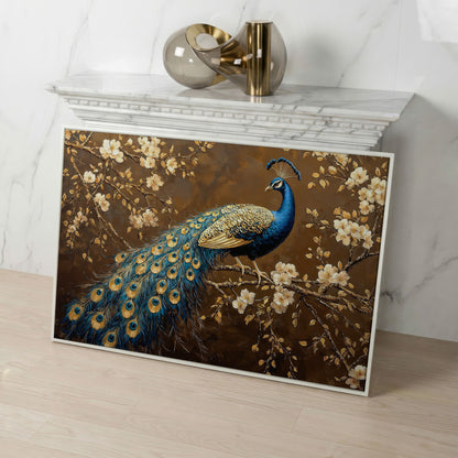 Peacock on Cherry Blossom Branch Canvas in white floating frame