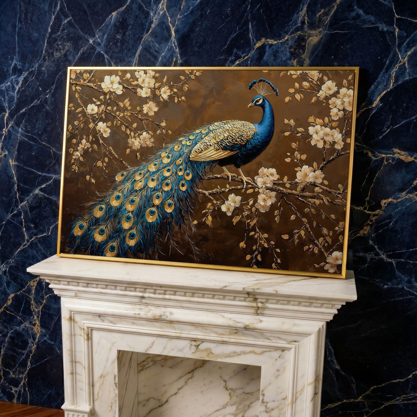 Peacock on Cherry Blossom Branch Canvas in yellow gold floating frame