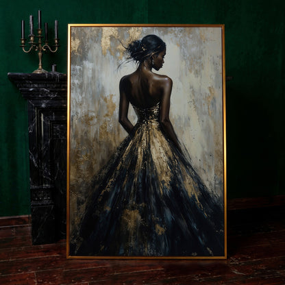 Elegant Black and Gold Woman Canvas Print in antique gold floating frame