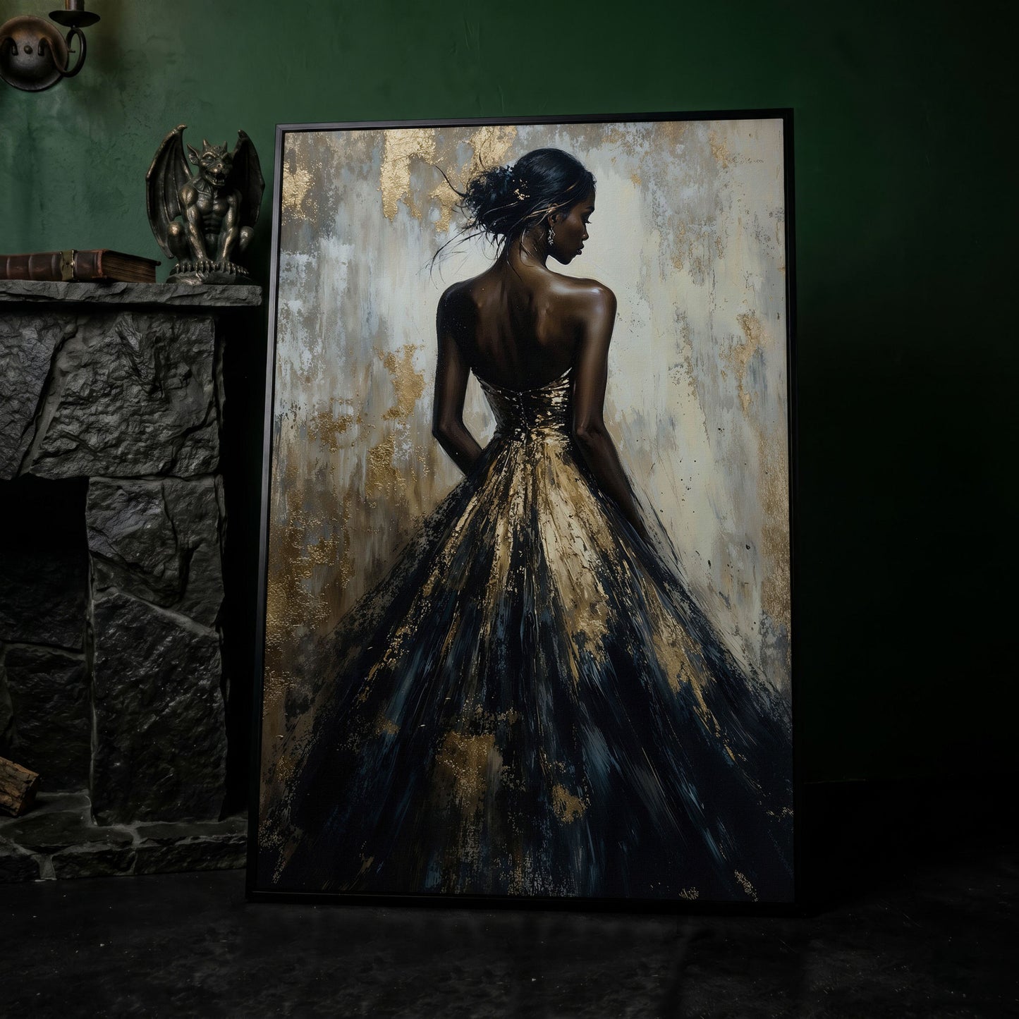 Elegant Black and Gold Woman Canvas Print in black floating frame