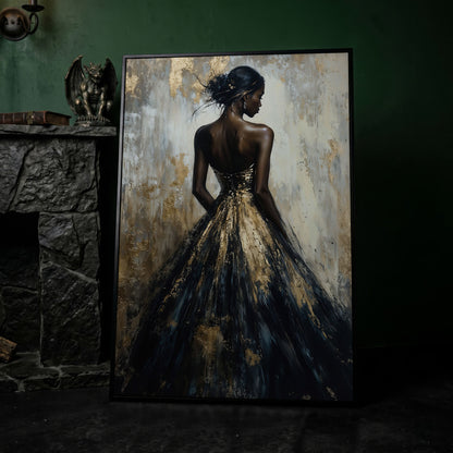 Elegant Black and Gold Woman Canvas Print in black floating frame
