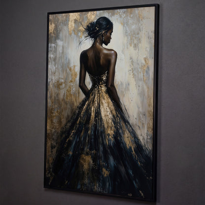 Elegant Black and Gold Woman Canvas Print shown in black floating frame