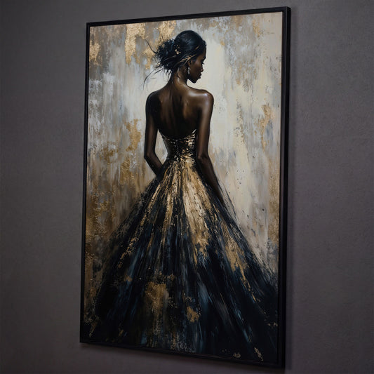 Elegant Black and Gold Woman Canvas Print shown in black floating frame