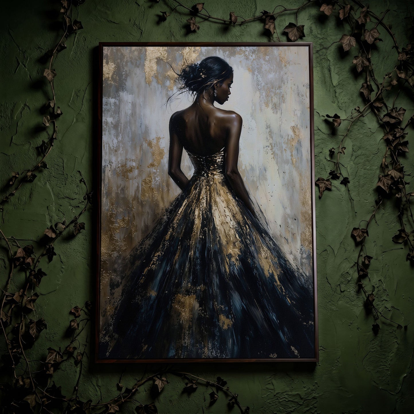 Elegant Black and Gold Woman Canvas Print in dark walnut floating frame