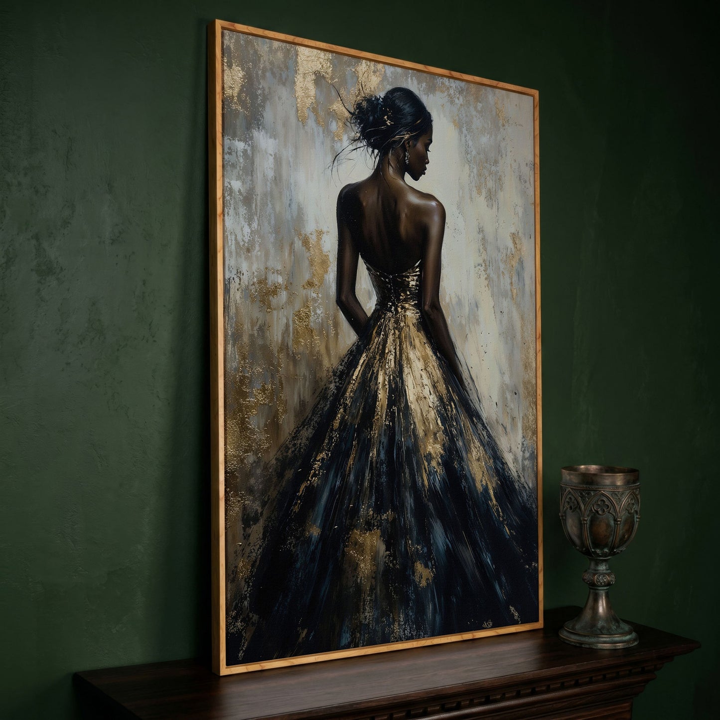 Elegant Black and Gold Woman Canvas Print in white oak floating frame