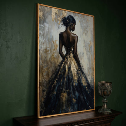 Elegant Black and Gold Woman Canvas Print in white oak floating frame