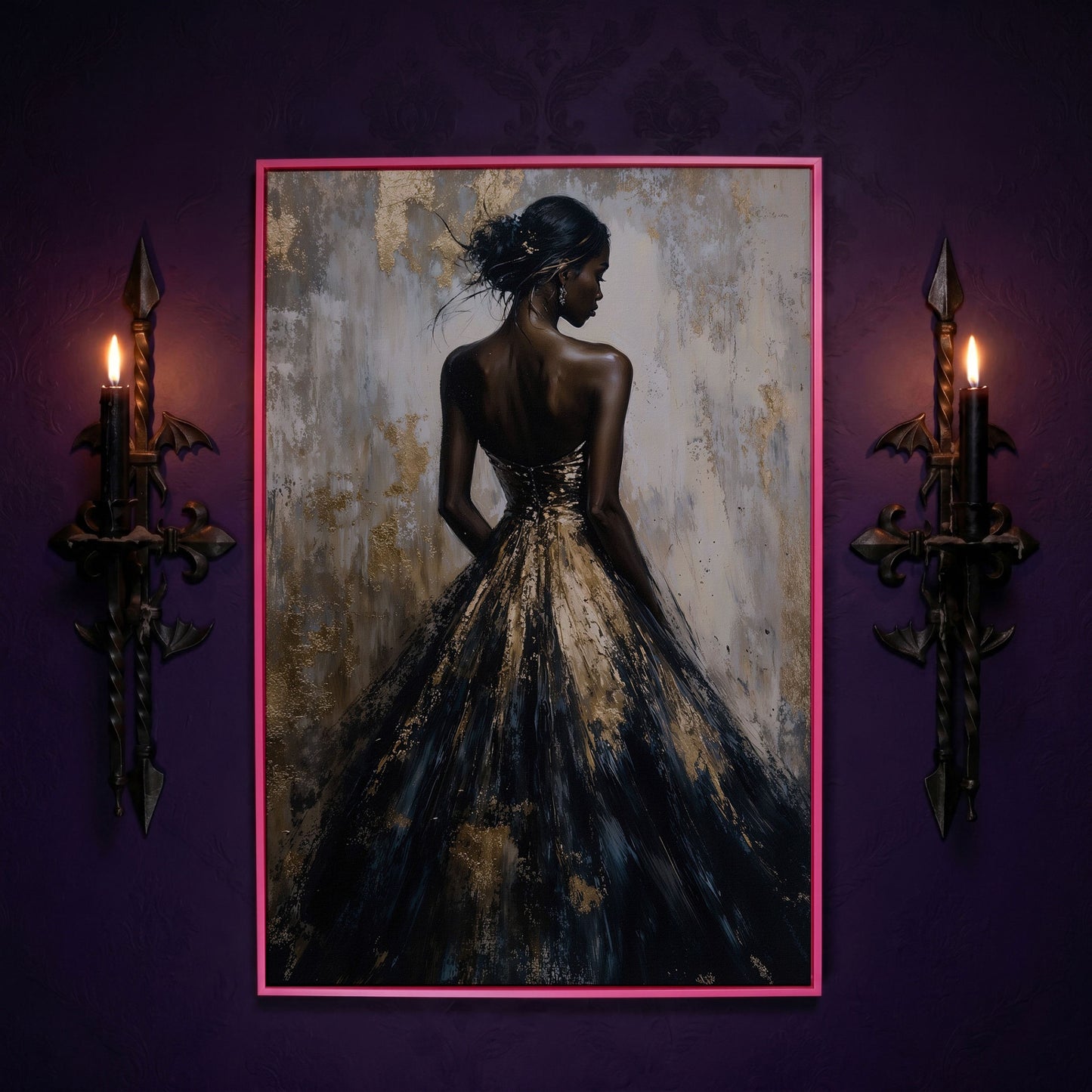 Elegant Black and Gold Woman Canvas Print in pink floating frame