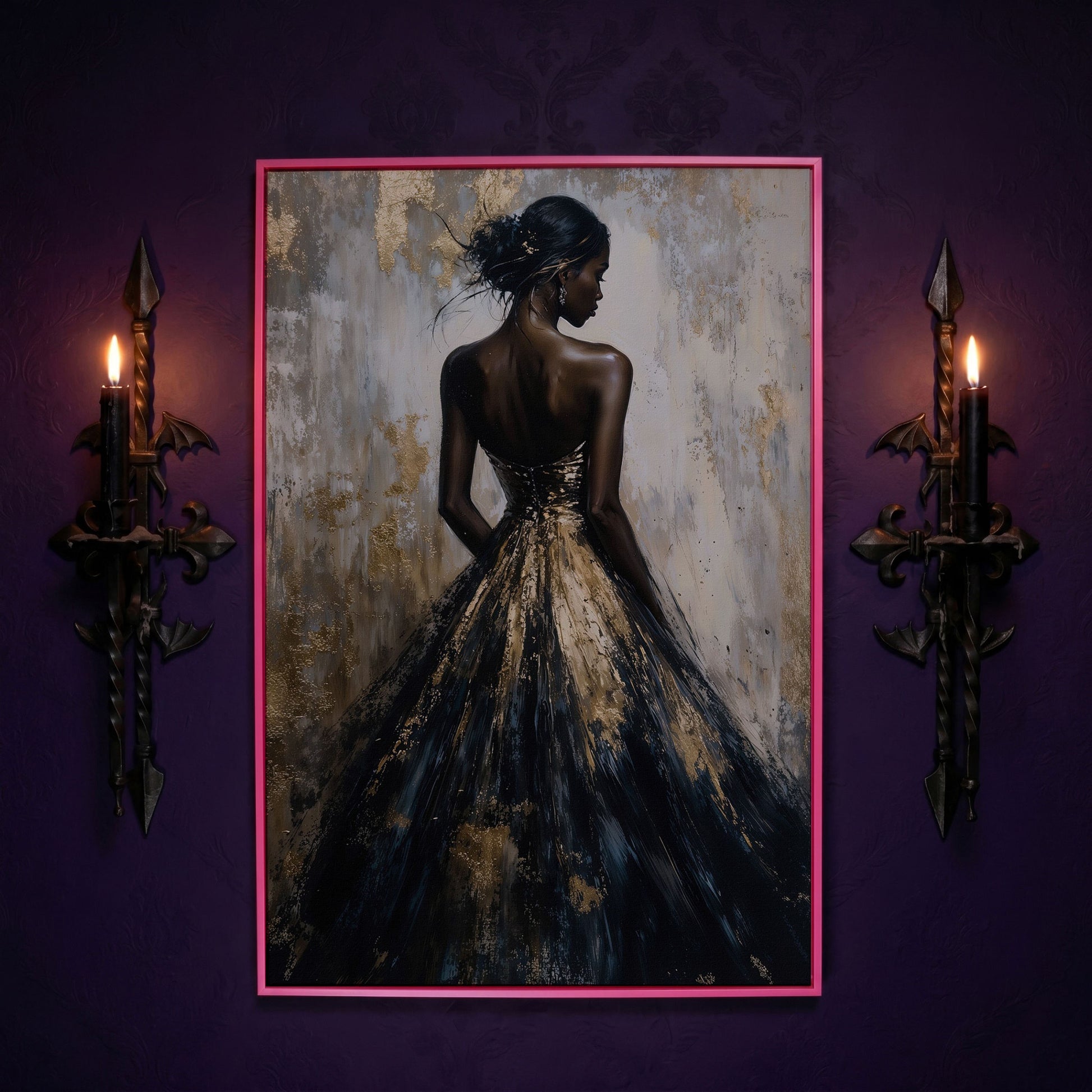 Elegant Black and Gold Woman Canvas Print in pink floating frame
