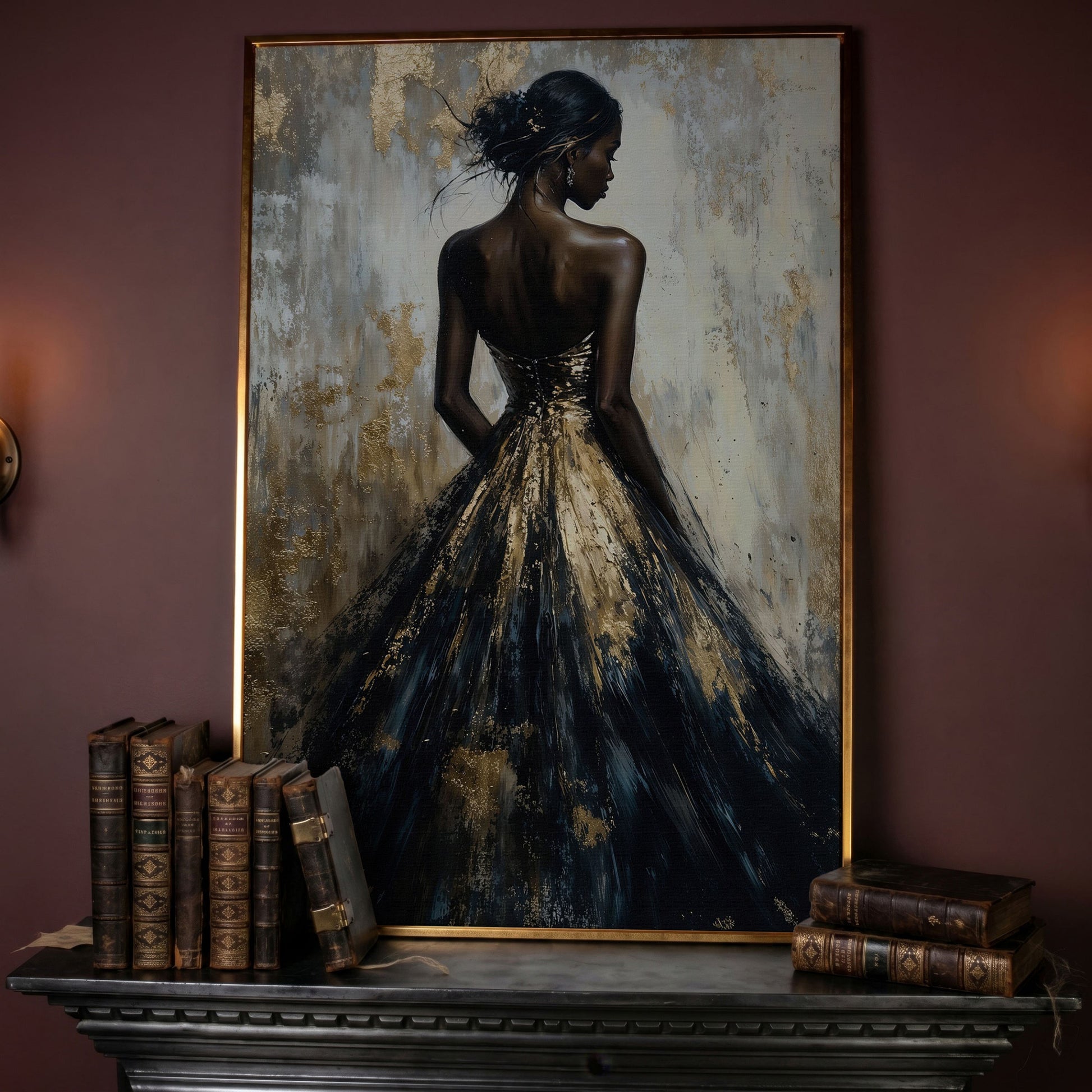 Elegant Black and Gold Woman Canvas Print in rose gold floating frame