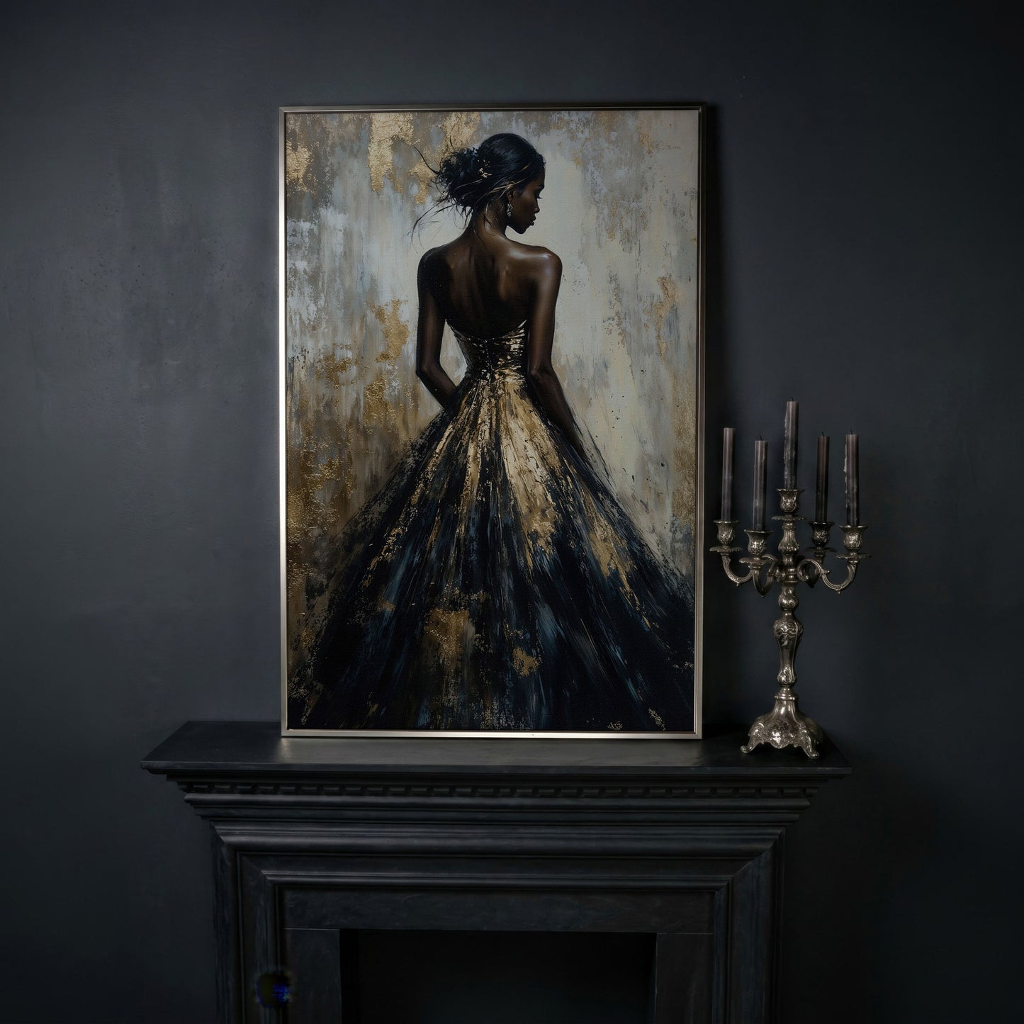 Elegant Black and Gold Woman Canvas Print in silver floating frame