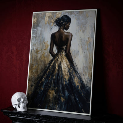 Elegant Black and Gold Woman Canvas Print in white floating frame