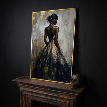 Elegant Black and Gold Woman Canvas Print in yellow gold floating frame