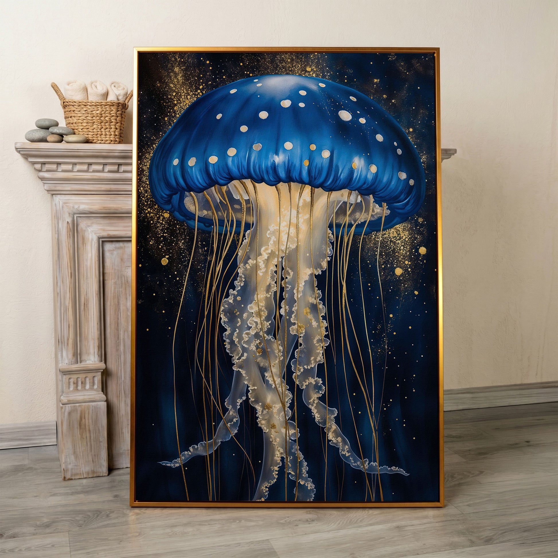 Jellyfish Canvas Print in Sapphire Blue and Gold in antique gold floating frame
