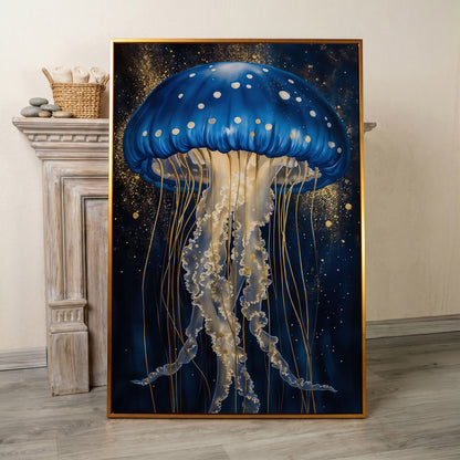 Jellyfish Canvas Print in Sapphire Blue and Gold in antique gold floating frame