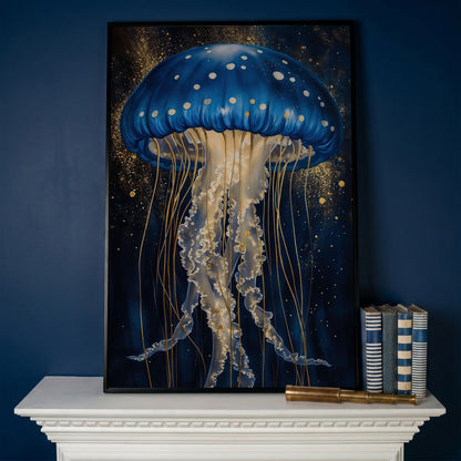 Jellyfish Canvas Print in Sapphire Blue and Gold in black floating frame