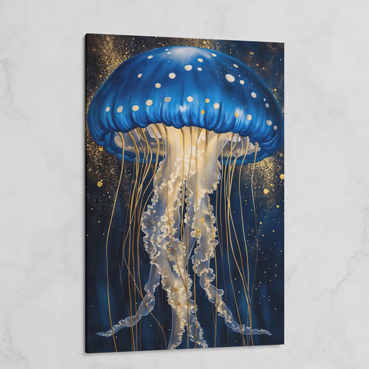 Jellyfish Canvas Print in Sapphire Blue and Gold on gallery wrap