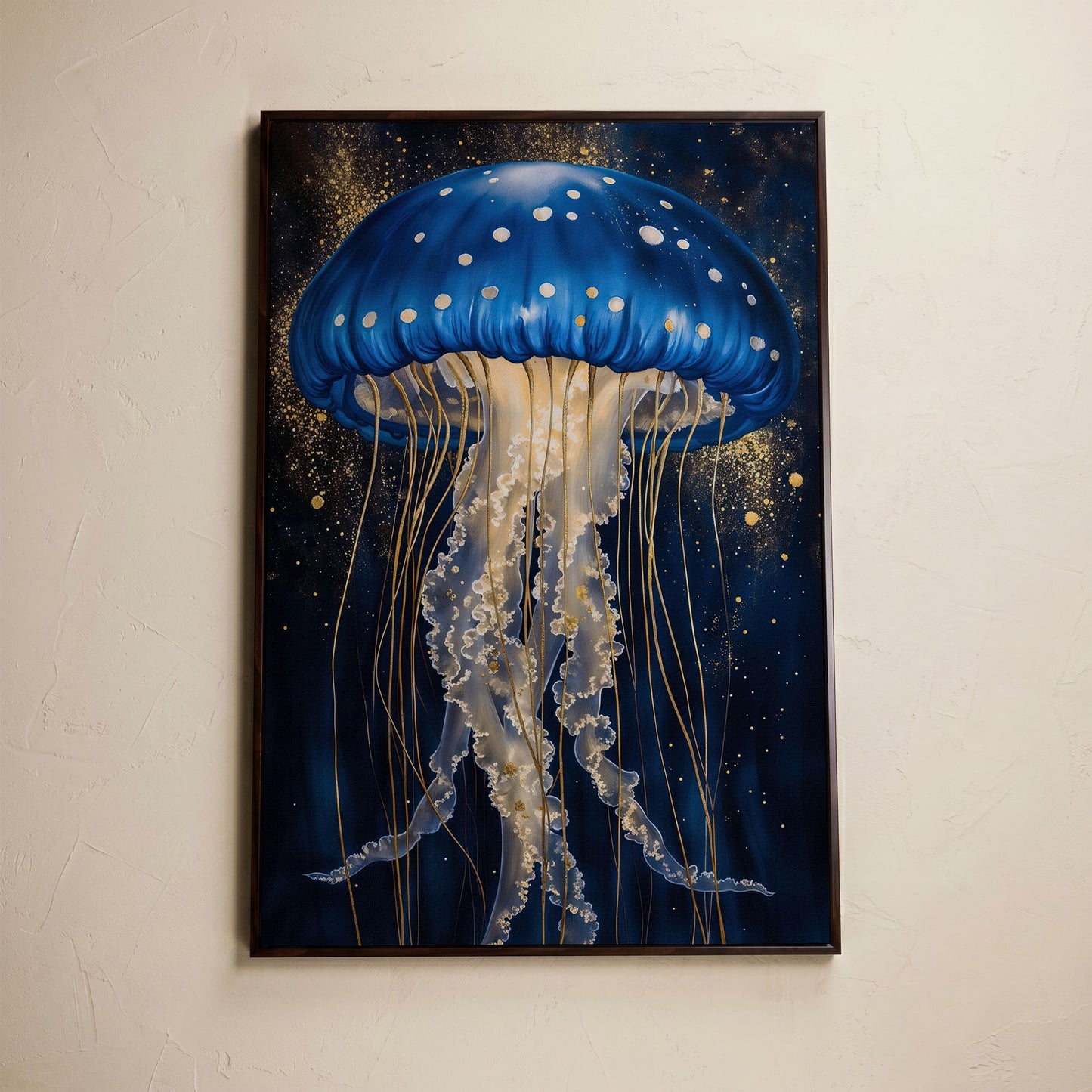 Jellyfish Canvas Print in Sapphire Blue and Gold in dark walnut floating frame
