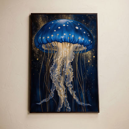 Jellyfish Canvas Print in Sapphire Blue and Gold in dark walnut floating frame