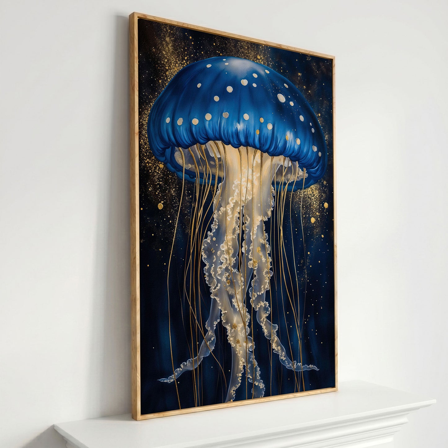 Jellyfish Canvas Print in Sapphire Blue and Gold in white oak floating frame