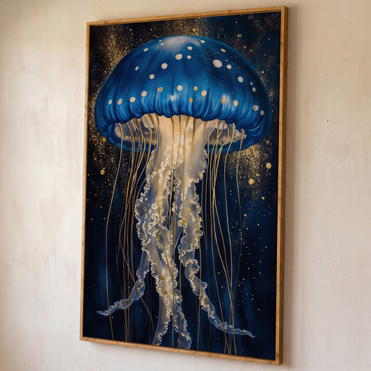 Jellyfish Canvas Print in Sapphire Blue and Gold shown in white oak floating frame