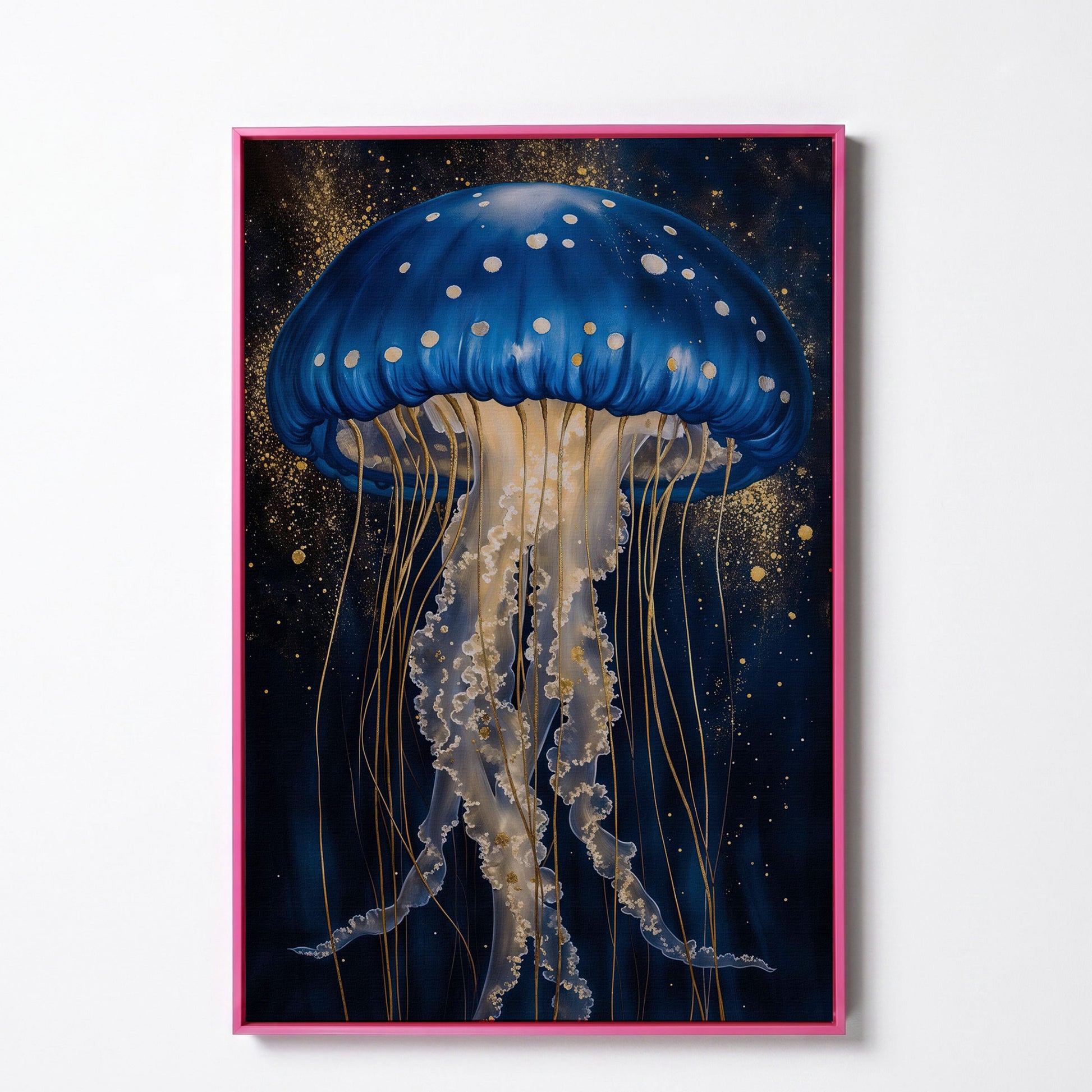 Jellyfish Canvas Print in Sapphire Blue and Gold in pink floating frame