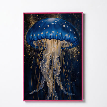 Jellyfish Canvas Print in Sapphire Blue and Gold in pink floating frame