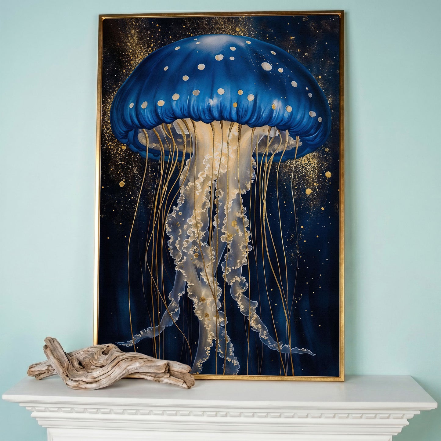 Jellyfish Canvas Print in Sapphire Blue and Gold in rose gold floating frame