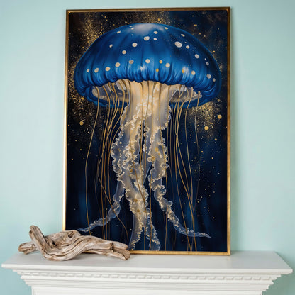 Jellyfish Canvas Print in Sapphire Blue and Gold in rose gold floating frame