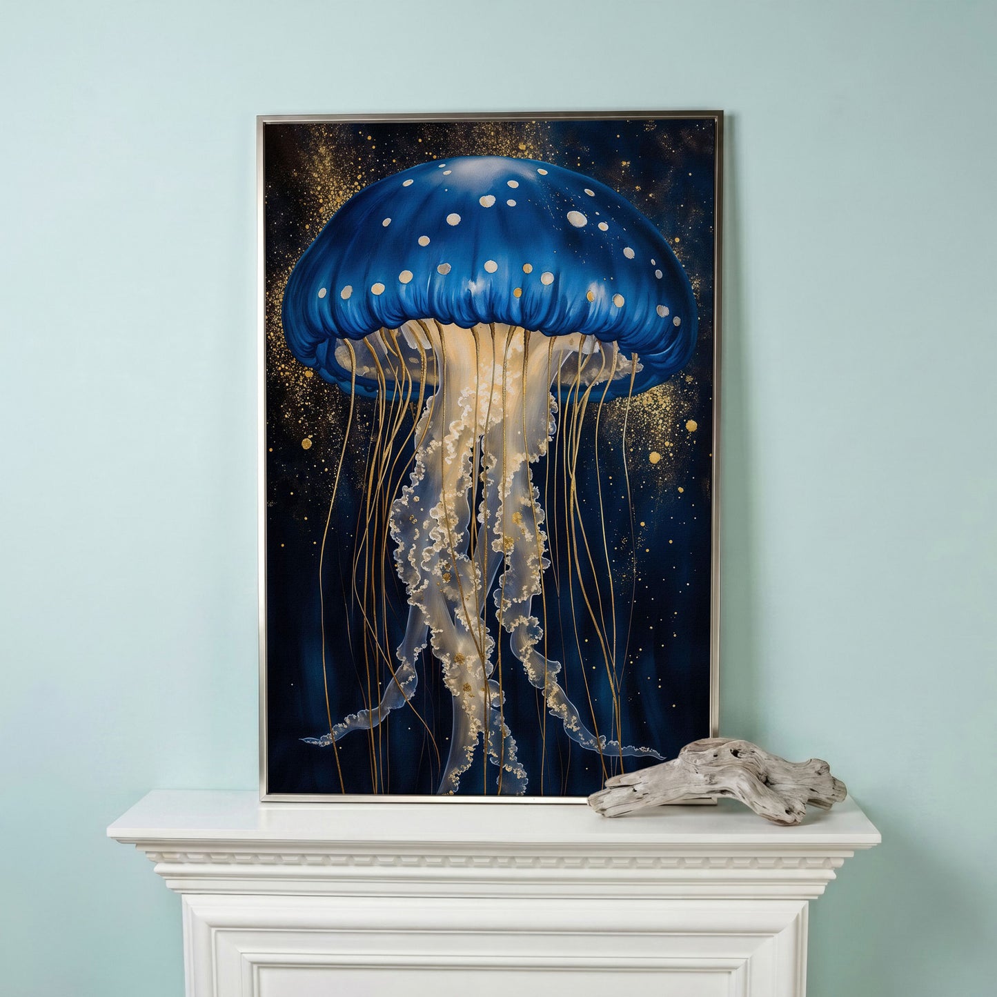 Jellyfish Canvas Print in Sapphire Blue and Gold in silver floating frame