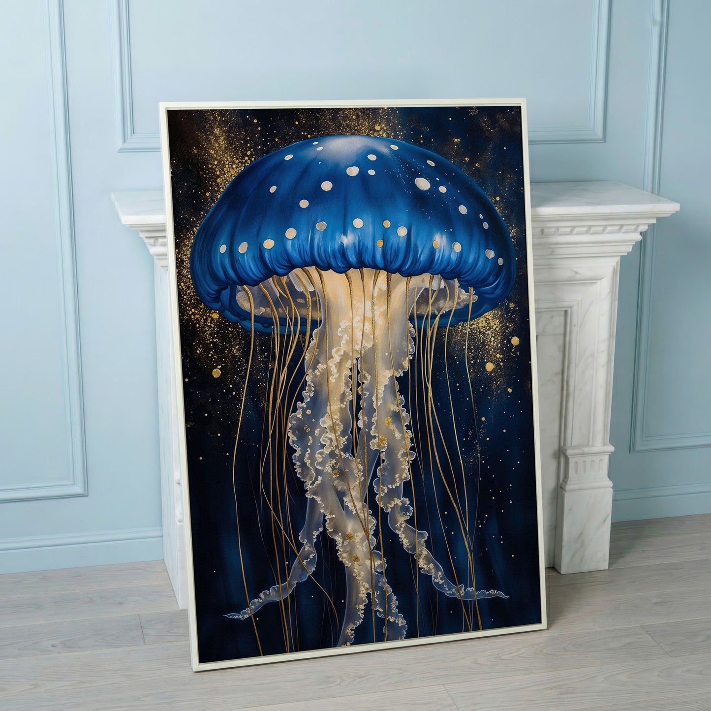Jellyfish Canvas Print in Sapphire Blue and Gold in white floating frame