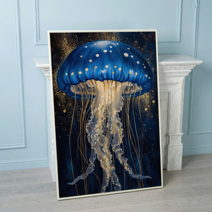 Jellyfish Canvas Print in Sapphire Blue and Gold in white floating frame