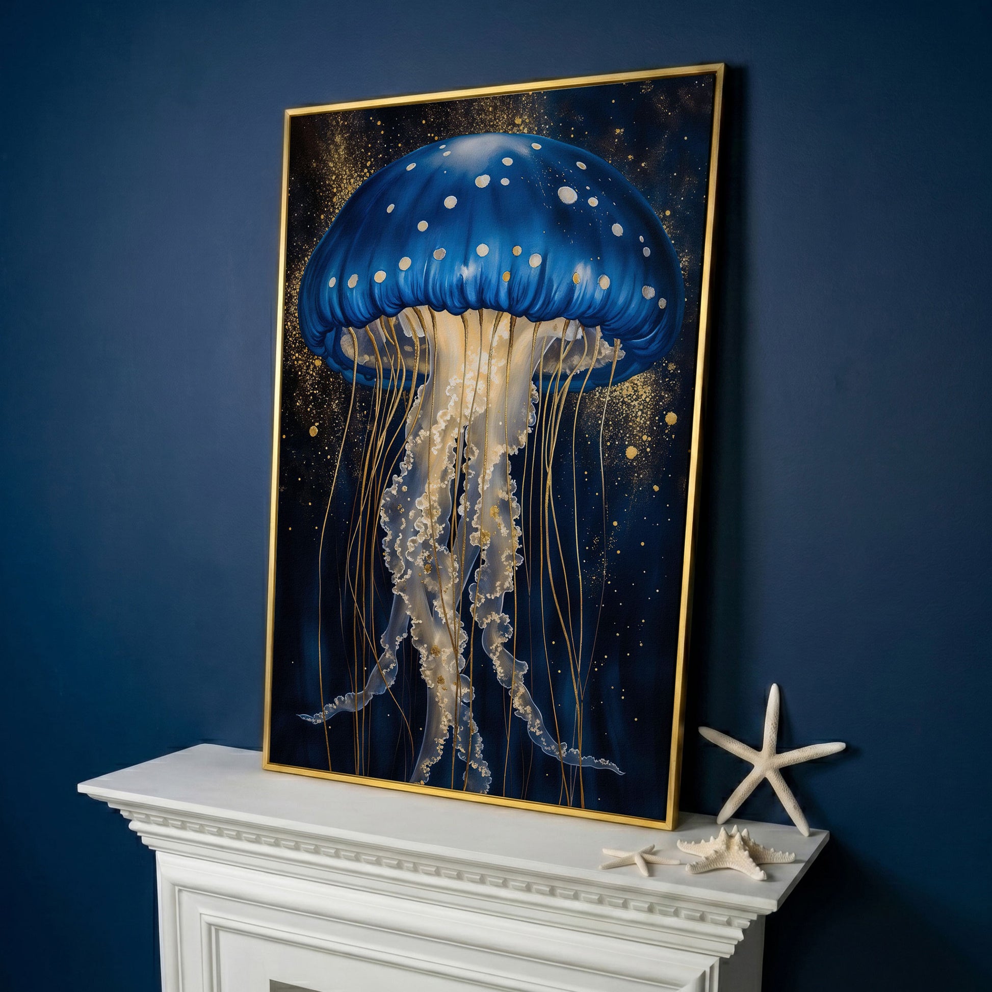 Jellyfish Canvas Print in Sapphire Blue and Gold in yellow gold floating frame