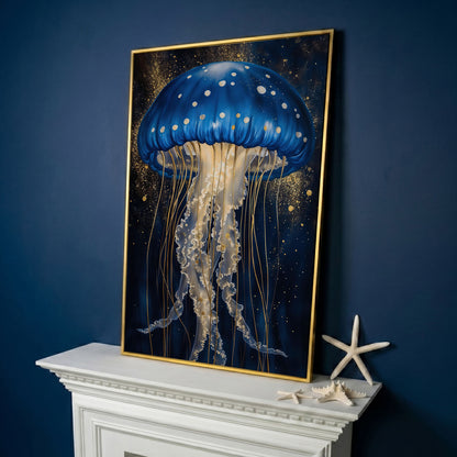 Jellyfish Canvas Print in Sapphire Blue and Gold in yellow gold floating frame