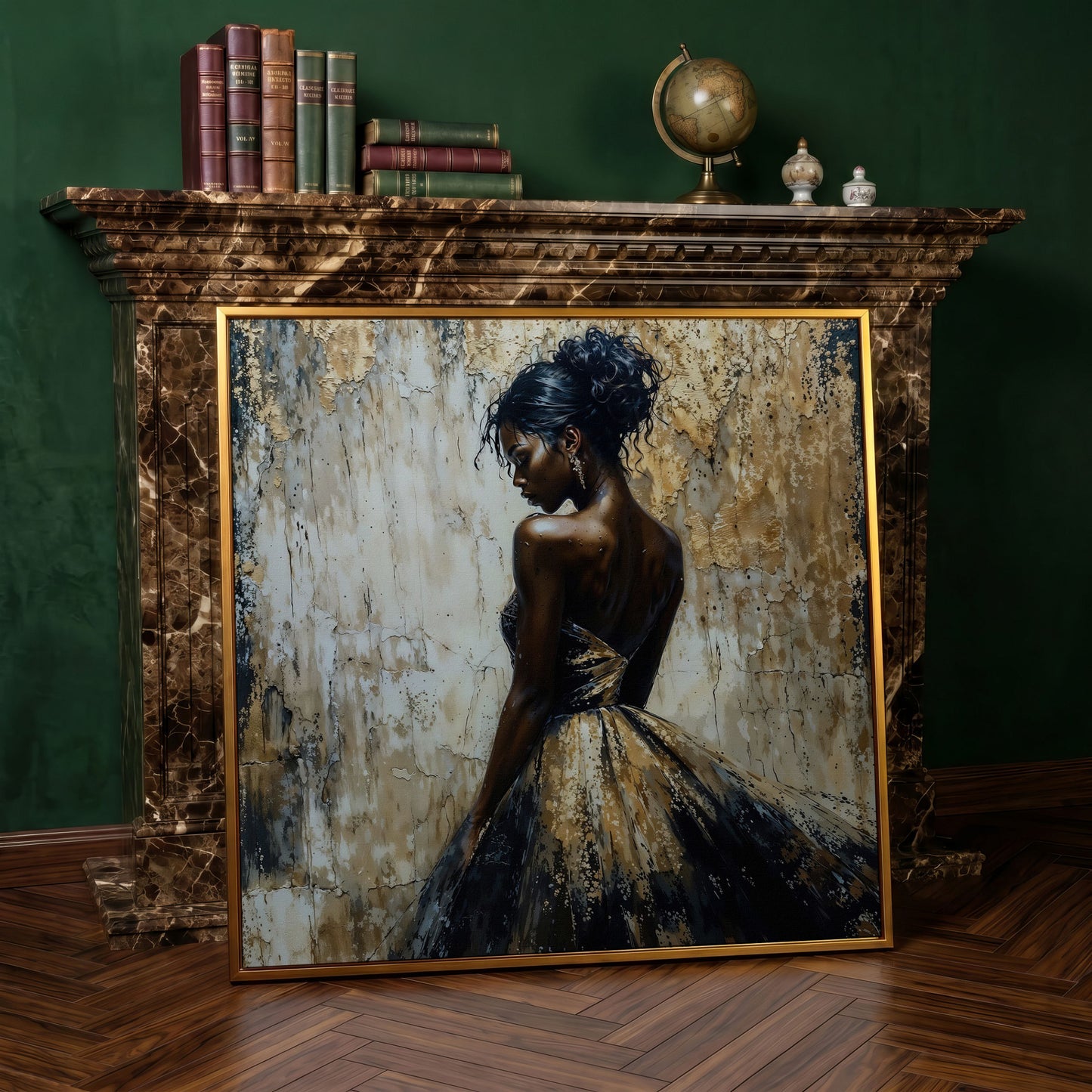 Elegant Lady in Gilded Dress Canvas in antique gold floating frame
