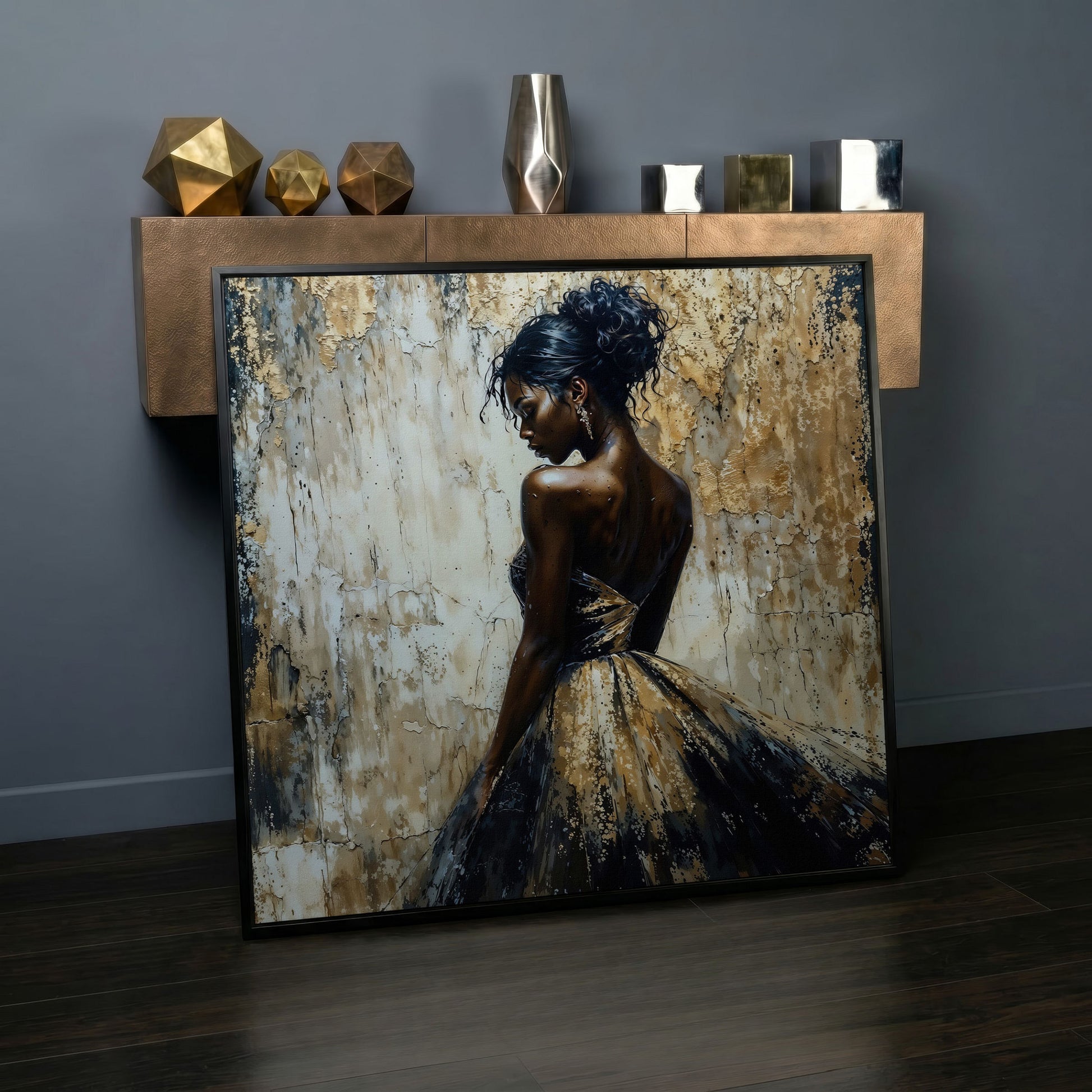 Elegant Lady in Gilded Dress Canvas in black floating frame