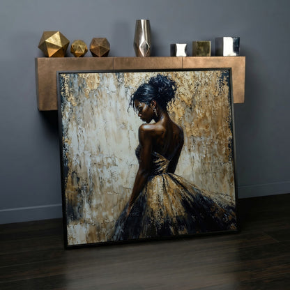 Elegant Lady in Gilded Dress Canvas in black floating frame