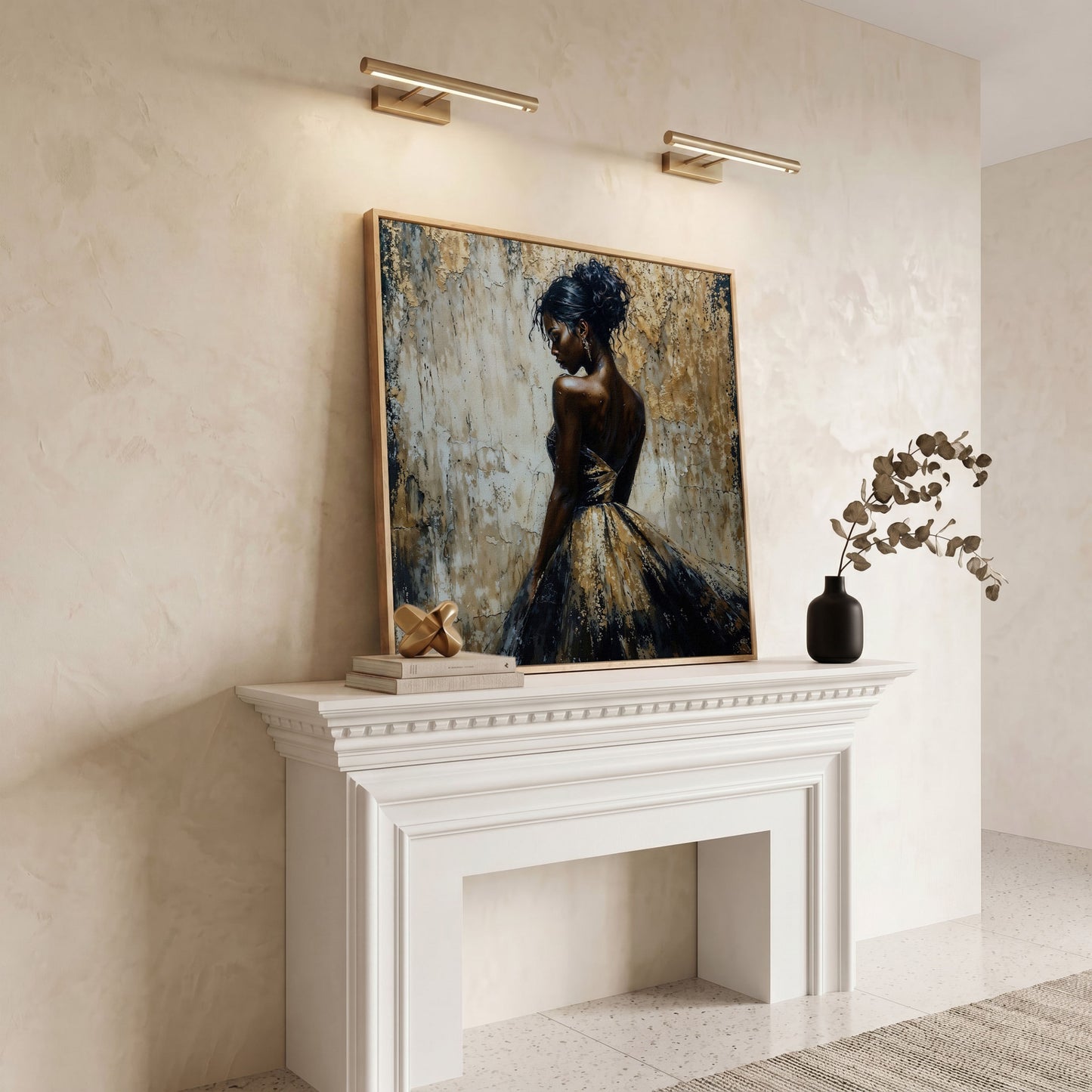 Elegant Lady in Gilded Dress Canvas in white oak floating frame