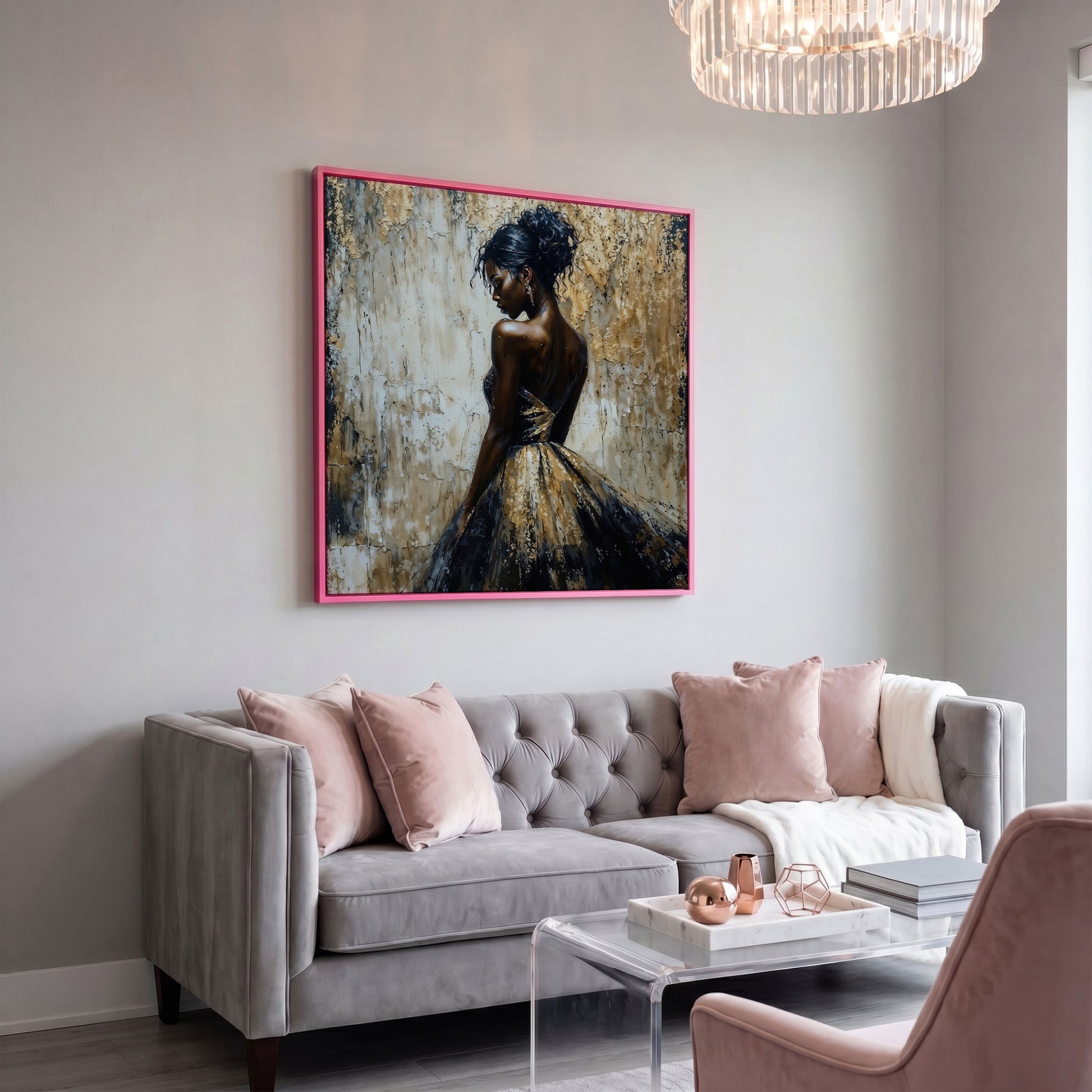 Elegant Lady in Gilded Dress Canvas in pink floating frame