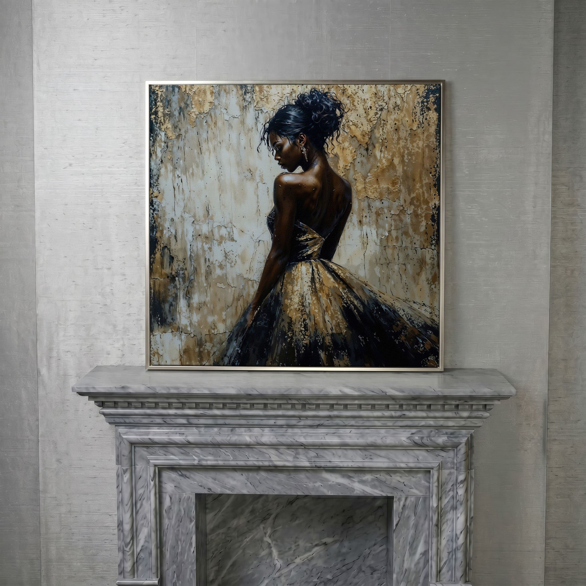 Elegant Lady in Gilded Dress Canvas in silver floating frame