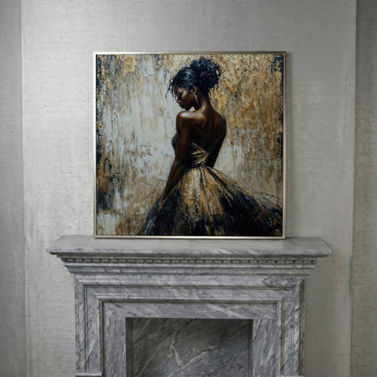 Elegant Lady in Gilded Dress Canvas in silver floating frame