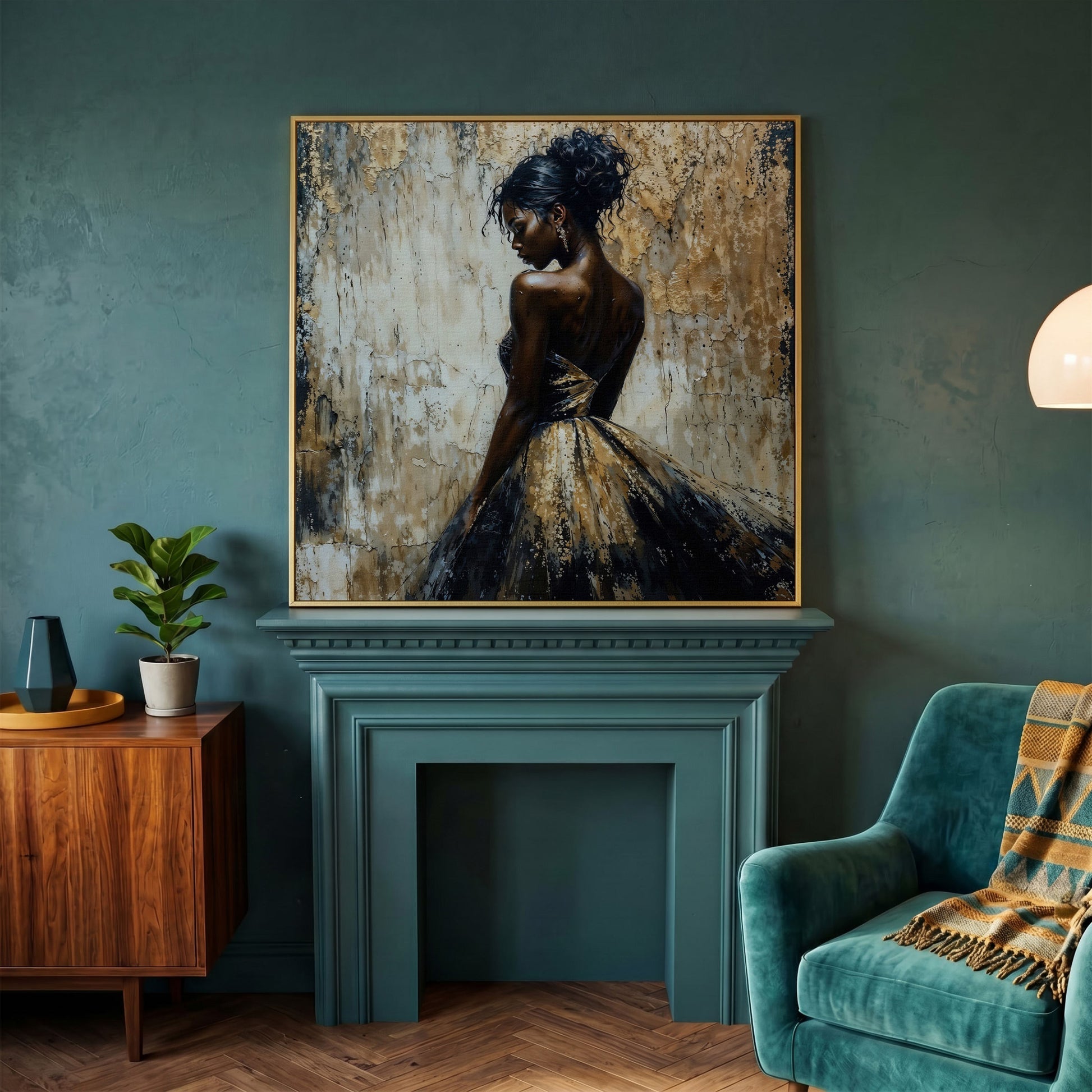 Elegant Lady in Gilded Dress Canvas in yellow gold floating frame