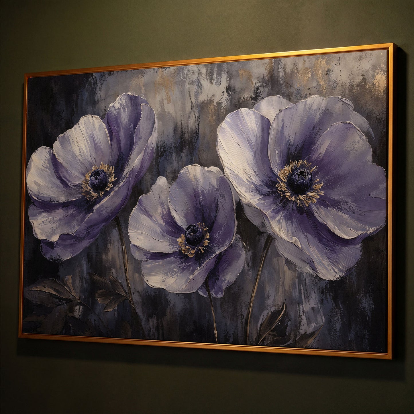 Purple Wildflowers Abstract Canvas shown in antique gold floating frame