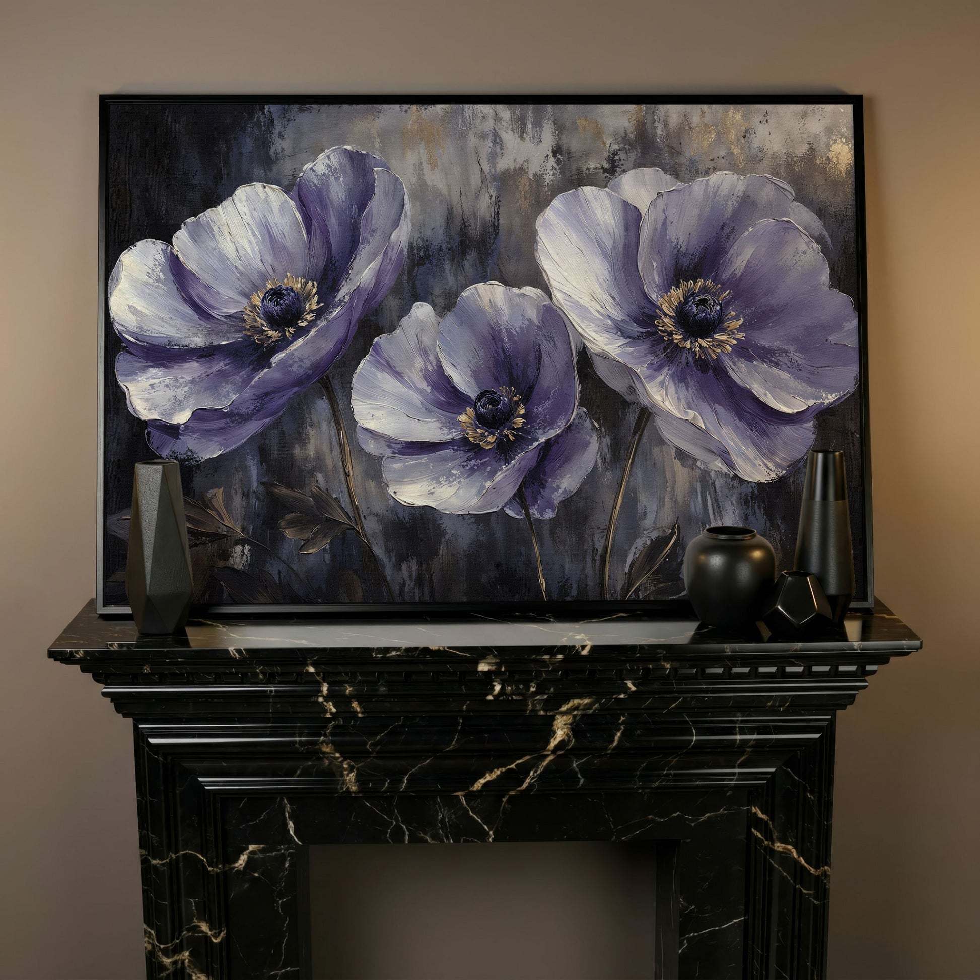 Purple Wildflowers Abstract Canvas in black floating frame