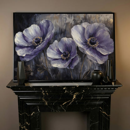 Purple Wildflowers Abstract Canvas in black floating frame