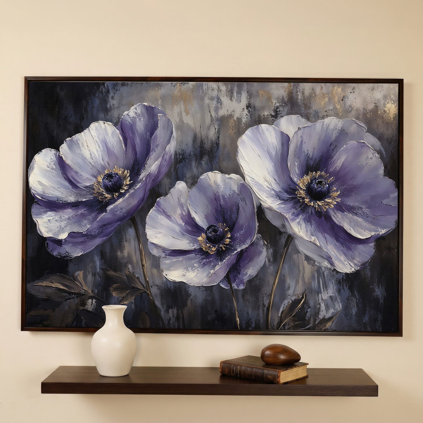 Purple Wildflowers Abstract Canvas in dark walnut floating frame