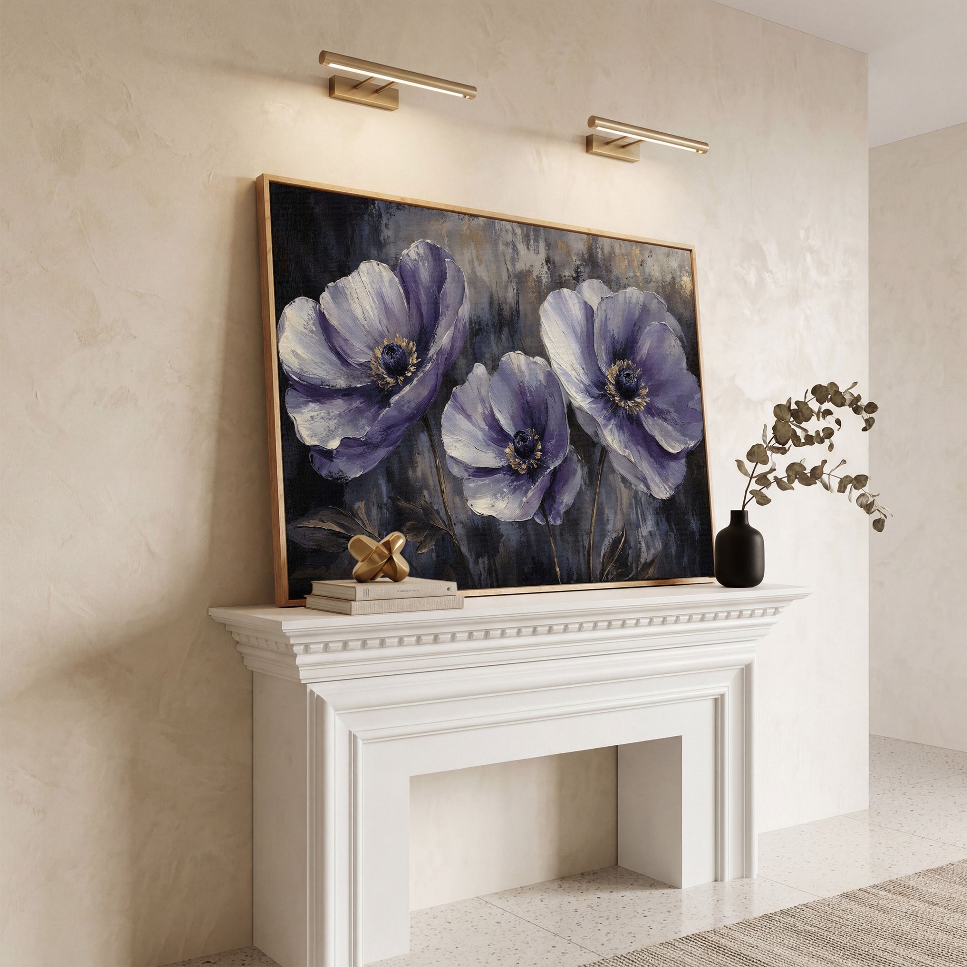 Purple Wildflowers Abstract Canvas in white oak floating frame