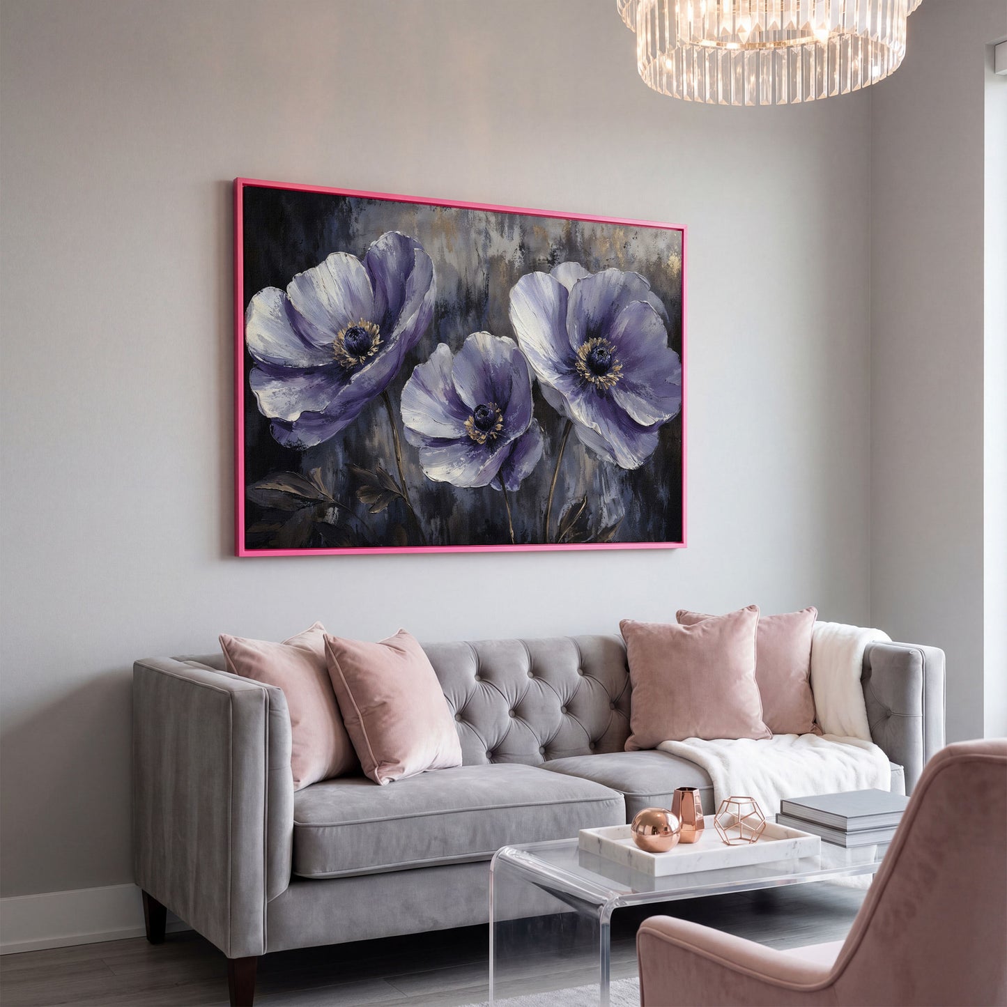Purple Wildflowers Abstract Canvas in pink floating frame